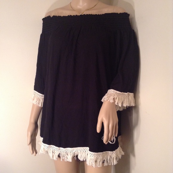 B.Sharp Tops - B.SHARP Black Off the Shoulder Fringe Large Blouse